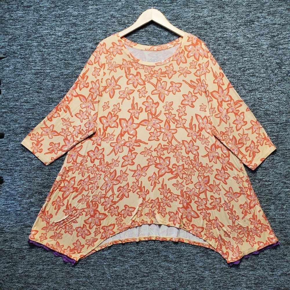 LOGO Lori Goldstein Top Womens 3XL Orange Floral Sharkbite Hem‎ Lace Trim Tunic